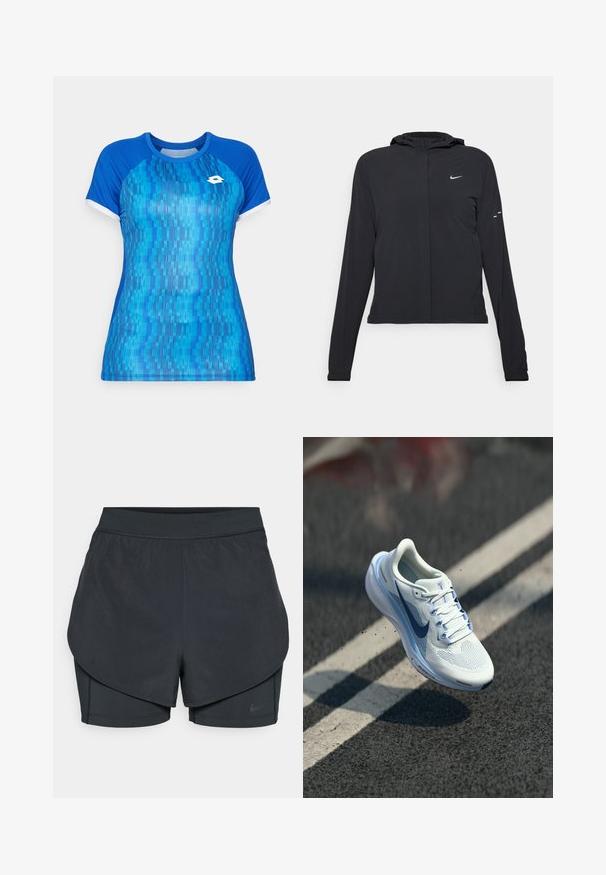 Casaco preto com capuz e mangas longas, feito de material leve. Apresenta um fecho dourado na frente, um logótipo da Nike e detalhes de design subtis.; T-shirt atlético azul com mangas curtas, apresentando um padrão abstrato texturizado em várias tonalidades de azul e acentos brancos nas mangas.; Calções desportivos pretos com um design em camadas, apresentando uma camada exterior suave e calções interiores ajustados. Feitos de um tecido leve e elástico.; Shoe atlético branco com parte superior em malha respirável e detalhes em azul. Apresenta uma sola acolchoada e atacadores planos. A entressola exibe a marca "Air Zoom".