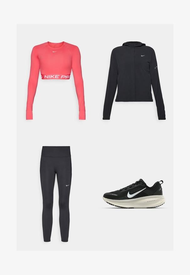 Must musta kapuutsiga jakk, millel on pikad varrukad ja mis on valmistatud kergetest materjalidest. Omab esitaskut, Nike logo ja kergelt silmatorkavaid disainiaktsente.; Nike Pro pikkade varrukatega lühike topp erksas korallis, valmistatud venivast kangast. Omab ümarat kaelust ja valget "NIKE PRO" brändingut allääres.; Mustad mustadest leggingid, mis on valmistatud venivast kangast, kõrge vöökoha ja valge Nike logo abil vasakul reiel. Sile tekstuur, keha järgiv disain.; Musthave mustus Nike jooksujalats, millel on hingav võrgust ülemine osa, valge swoosh logo, tekstuuriga detailid ja kreemja värvusega ZoomX vahevöö.