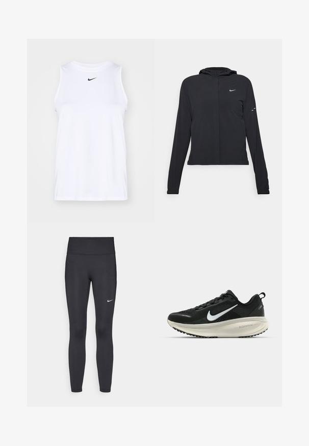 Sort hættetrøje med lange ærmer, lavet af letvægtsmateriale. Har en frontlynlås, et Nike-logo og subtile designaccenter.; Hvid sømløs atletisk skjorte lavet af glat stof, med et sort Nike-logo på brystet og sideslids for nem bevægelse.; Sorte leggings lavet af strækbart stof, med en høj talje og et hvidt Nike-logo på venstre lår. Glat tekstur, tætsiddende design.; Sort Nike løbesko med åndbart mesh-overdel, hvidt swoosh-logo, tekstureret detaljering og en cremede ZoomX mellemsål.