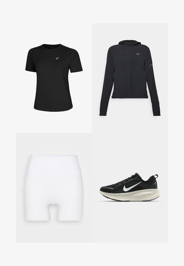 Čierna kapucňová bunda s dlhou rukávou, vyrobená z ľahkého materiálu. Má predný zips, logo Nike a jemné dizajnové akcenty.; Čierne atletické tričko vyrobené z hladkej tkaniny, so zaobleným výstrihom a krátkymi rukávmi. Obsahuje reflexné logo na ľavej prednej strane.; Biele vysoké šortky vyrobené z elastického materiálu. Majú hladkú textúru a prispôsobený strih, bez ďalších vzorov alebo kovania.; Čierne bežecké topánky Nike s priedušnou sieťovinou, bielym logom s symbolom swoosh, textúrovanými detailmi a krémovou ZoomX medzipodrážkou.