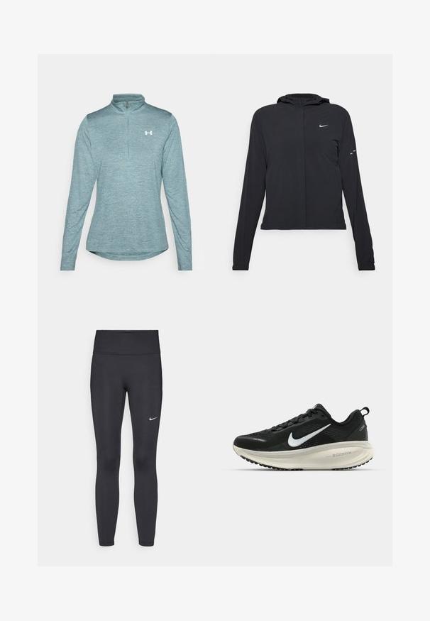 Black hooded jacket with long sleeves, made from lightweight material. Features a front zipper, a Nike logo, and subtle design accents.; Under Armour TECH 1/2 ZIP- TWIST - Long sleeved top - jasper blue/white; Black leggings made of stretchy fabric, featuring a high waistband and a white Nike logo on the left thigh. Smooth texture, form-fitting design.; Black Nike running shoe with breathable mesh upper, white swoosh logo, textured detailing, and a cream-colored ZoomX midsole.