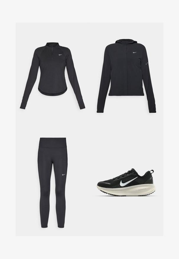 Giacca nera con cappuccio e maniche lunghe, realizzata in materiale leggero. Presenta una zip frontale, il logo Nike e accenti di design sottili.; Maglietta sportiva nera a maniche lunghe con collo a mezza zip, realizzata in un tessuto elasticizzato, orlo rotondo e un piccolo logo Nike bianco sul petto.; Leggings neri realizzati in tessuto elasticizzato, con una vita alta e un logo Nike bianco sulla coscia sinistra. Tessuto liscio, design aderente.; Scarpa da corsa nera Nike con tomaia in rete traspirante, logo Swoosh bianco, dettagli testurizzati e intersuola ZoomX di colore crema.