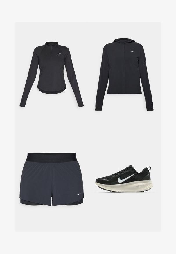 Schwarze Kapuzenjacke mit langen Ärmeln, aus leichtem Material gefertigt. Sie hat einen vorderen Reißverschluss, ein Nike-Logo und dezente Designelemente.; Schwarzes langärmliges Sportoberteil mit einem Viertelreißverschluss-Kragen, aus dehnbarem Stoff, mit runder Saumlinie und einem kleinen weißen Nike-Logo auf der Brust.; Schwarze Sportshorts mit elastischem Bund, ausgestattet mit einem geschichteten Design und einem kleinen weißen Nike-Logo unten links. Leichtes Material.; Schwarzer Nike-Laufschuh mit atmungsaktivem Mesh-Obermaterial, weißem Swoosh-Logo, strukturierten Details und einer cremefarbenen ZoomX-Zwischensohle.
