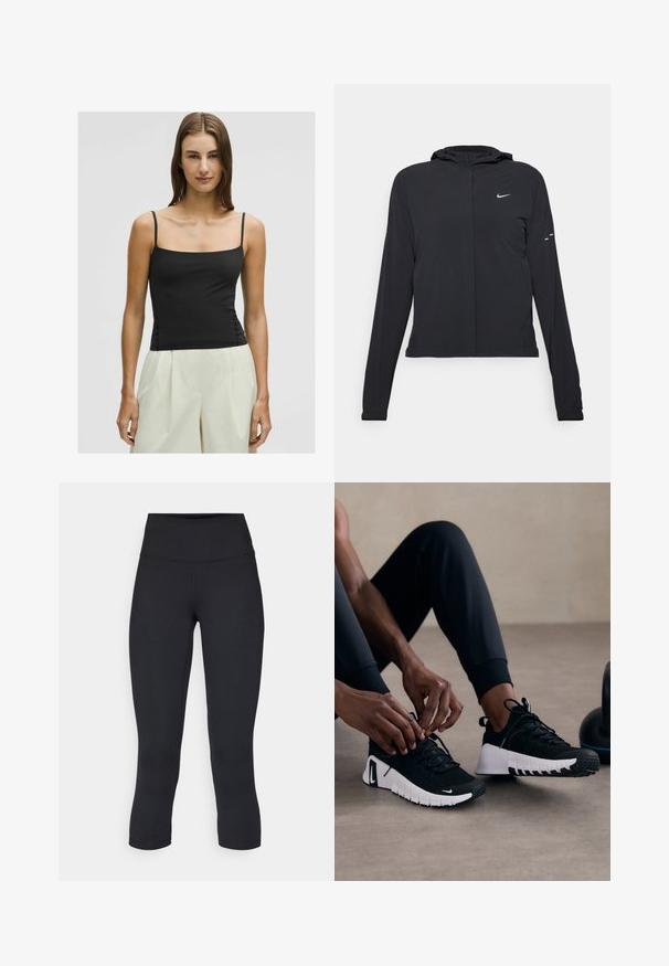 Jachetă neagră cu glugă, cu mâneci lungi, fabricată din material ușor. Dispune de un fermoar frontal, un logo Nike și accente de design subtile.; Top negru cu bretele subțiri și decolteu pătrat, cu o siluetă ajustată, fabricat dintr-un material neted și ușor. Asortat cu o pereche de pantaloni largi de culoare deschisă.; Leggings negre scurte, fabricate dintr-un material elastic, având o talie înaltă și o textură netedă, fără modele sau accesorii vizibile.; Pantofi atletici negri cu o parte superioară texturată de culoare neagră, talpă albă și brant din cauciuc. Sireturi legate, evidențiind un design elegant și logo-ul.