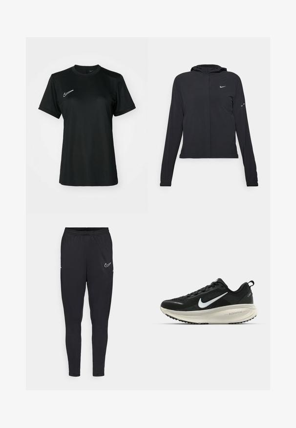 Svart hettegenser med lange ermer, laget av lett materiale. Har glidelås foran, Nike-logo og subtile design detaljer.; Svart kortermet treningst-skjorte med rund hals. Har en hvit Nike-logo på øvre venstre side. Glatt, lett stoff.; Sorte treningbukser laget av lett stoff, med elastisk midjebånd, tett passform og en hvit Nike-logo på låret.; Svart Nike løpesko med pustende mesh-overdel, hvit swoosh-logo, teksturert detaljer og en kremfarget ZoomX mellomsåle.