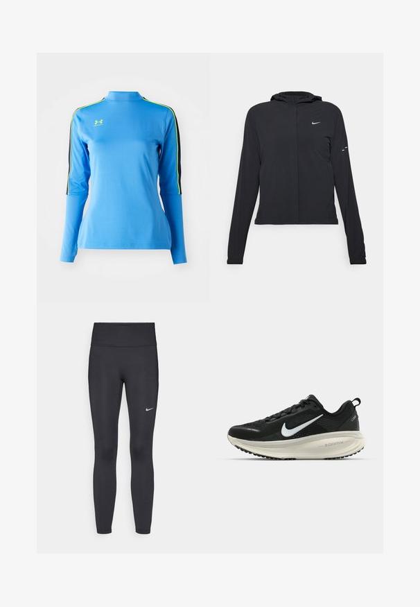 Svart hettegenser med lange ermer, laget av lett materiale. Har glidelås foran, Nike-logo og subtile design detaljer.; Lyseblå langermet treningstopp med høy hals. Har svarte og neongrønne striper på skuldrene. Glatt, elastisk stoff.; Sorte leggings laget av elastisk stoff, med høy livlinje og en hvit Nike-logo på venstre lår. Glatt tekstur, kroppsnær passform.; Svart Nike løpesko med pustende mesh-overdel, hvit swoosh-logo, teksturert detaljer og en kremfarget ZoomX mellomsåle.