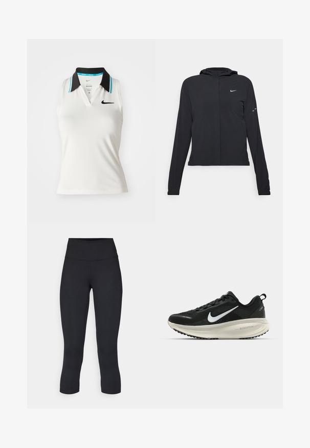 Černá kapucňová bunda s dlouhými rukávy, vyrobená z lehkého materiálu. Obsahuje přední zip, logo Nike a decentní designové akcenty.; Bílý bezrukávový polo triko s černým límcem a tyrkysovými akcenty. Má výstřih do V a malé černé logo Nike na hrudi.; Černé zkrácené legíny vyrobené z pružné látky, s vysokým pasem a hladkou texturou, bez viditelných vzorů nebo kovových prvků.; Černá běžecká obuv Nike s prodyšným síťovaným svrškem, bílým logem swoosh, texturovanými detaily a krémovou mezipodešví ZoomX.