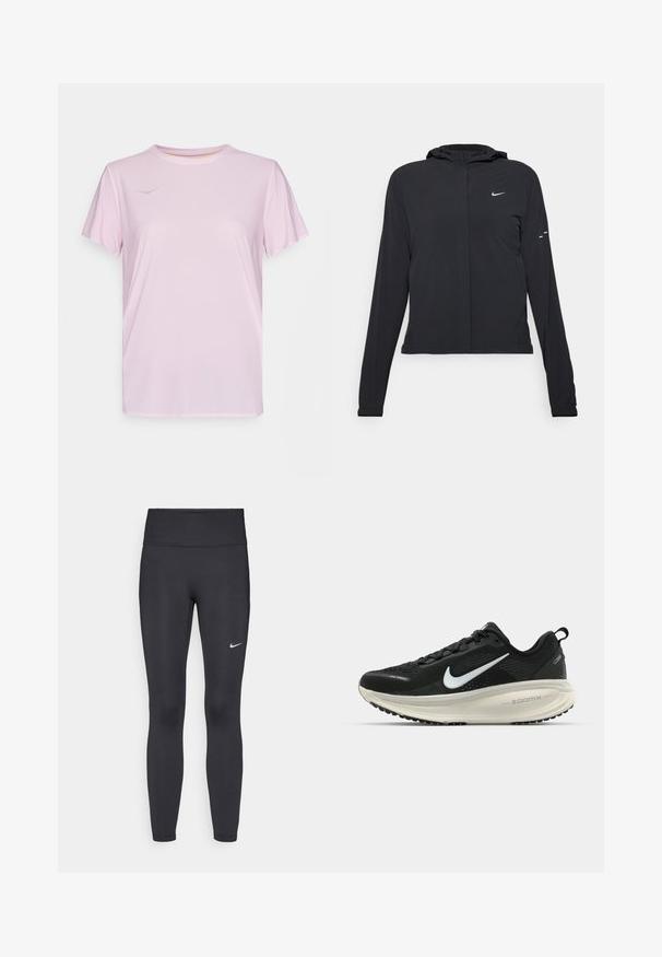 Svart hettegenser med lange ermer, laget av lett materiale. Har glidelås foran, Nike-logo og subtile design detaljer.; HOKA AIROLITE RUN SHORT SLEEVE - T-skjorte til trening - pink twilight; Sorte leggings laget av elastisk stoff, med høy livlinje og en hvit Nike-logo på venstre lår. Glatt tekstur, kroppsnær passform.; Svart Nike løpesko med pustende mesh-overdel, hvit swoosh-logo, teksturert detaljer og en kremfarget ZoomX mellomsåle.