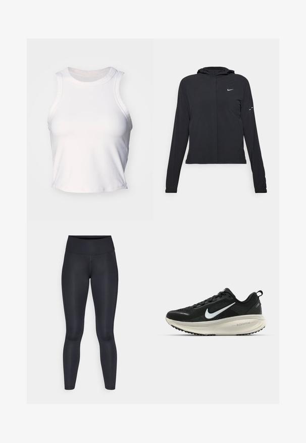 Zwarte kaptrui met lange mouwen, gemaakt van lichtgewicht materiaal. Voorzien van een ritssluiting aan de voorkant, een Nike-logo en subtiele ontwerpelementen.; Witte mouwloze crop top van gladde, rekbare stof. Bevat een ronde halslijn en subtiele stikdetails langs de randen.; Zwarte leggings van glad, rekbaar stof. Hoge taille zonder zichtbare patronen of accenten. Sluiten nauw aan van taille tot enkels.; Zwarte Nike hardloopschoen met ademend mesh bovenwerk, witte swoosh-logo, gestructureerde details en een crèmekleurige ZoomX middenzool.
