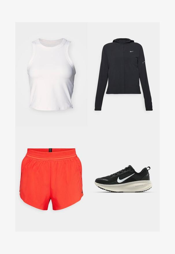 Sort hættetrøje med lange ærmer, lavet af letvægtsmateriale. Har en frontlynlås, et Nike-logo og subtile designaccenter.; Hvid ærmeløs crop top lavet af glat, strækbart stof. Har en rund halsudskæring og subtile syninger langs kanterne.; Røde atletiske shorts lavet af letvægtsstof med elastisk talje, der har sidelommer og et lille sort logo i kanten.; Sort Nike løbesko med åndbart mesh-overdel, hvidt swoosh-logo, tekstureret detaljering og en cremede ZoomX mellemsål.