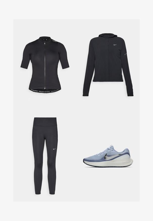 Črna kapuča s dolgimi rokavi, izdelana iz lahkega materiala. Ima sprednji zadrgo, logotip Nike in subtilne oblikovne detajle.; Kratka kolesarska majica s kratkimi rokavi v črni barvi, z zadrgo spredaj, visokim ovratnikom in blagovno znamko po spodnjem robu. Gladek in lahek material.; Črne legice iz elastične tkanine, z visokim pasom in belim Nike logo na levem stegnu. Gladka tekstura, oblikovno prilegajoč dizajn.; Svetlo modra in bela tekaška čevlja Nike s srebrnim logotipom swoosh, zračnim mrežastim zgornjim delom, oblazinjenim podplatom in črnim podplatom.
