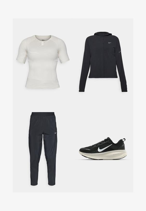 Must musta kapuutsiga jakk, millel on pikad varrukad ja mis on valmistatud kergetest materjalidest. Omab esitaskut, Nike logo ja kergelt silmatorkavaid disainiaktsente.; Lühikeste varrukatega spordipoolt särk heledast beežist võrgukangast, ümarate kaelustega ja esise õmbluse detailiga. Veniv ja vormistatud disain mugavuse tagamiseks.; Mustad mustrenid spordipüksid elastse vööga, kitsendatud säärtega ja väikese valge logoga vasakul reitel. Kerge ja sile kangas.; Musthave mustus Nike jooksujalats, millel on hingav võrgust ülemine osa, valge swoosh logo, tekstuuriga detailid ja kreemja värvusega ZoomX vahevöö.