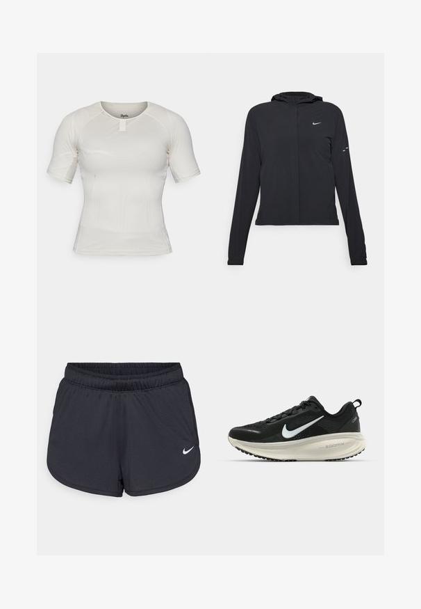 Črna kapuča s dolgimi rokavi, izdelana iz lahkega materiala. Ima sprednji zadrgo, logotip Nike in subtilne oblikovne detajle.; Kratka športna majica s kratkimi rokavi iz svetlo bež mrežaste tkanine z okroglo ovratnikom in podrobnostjo na sprednji strani. Raztegljiv in prilegan kroj za udobje.; Črne športne hlače iz lahkega, zračnega materiala. Imajo elastični pas in belo Nike logotip na spodnji desni strani.; Črne Nike tekaške čevlje z zračno mrežno zgornjim delom, belim logotipom Swoosh, teksturiranimi detajli in smetanasto barvnim srednjim delom ZoomX.