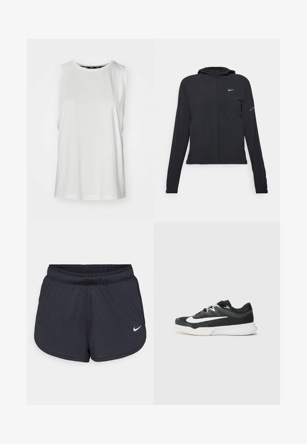 Mustassa hupparissa on pitkät hihat, ja se on valmistettu kevyestä materiaalista. Siinä on edessä vetoketju, Nike-logo ja hillityt muotoiluyksityiskohdat.; Valkoinen ilman hihoja oleva toppi, joka on valmistettu sileästä kankaasta, jossa on pyöreä pääntie, rento istuvuus ja siisti helma. Ei näkyviä kuvioita tai koristeita.; Mustat urheilushortsit, jotka on valmistettu kevyestä ja hengittävästä kankaasta. Sisältää joustavan vyötärönauhan ja valkoisen Nike-logon oikeassa alareunassa.; Musta urheilujalkine, jossa on valkoinen logo, teksturoitu kangaspinta, nauhakiinnitys, pehmustettu kaulus ja kontrastoiva valkoinen pohja, jossa on kuvioitu pito.
