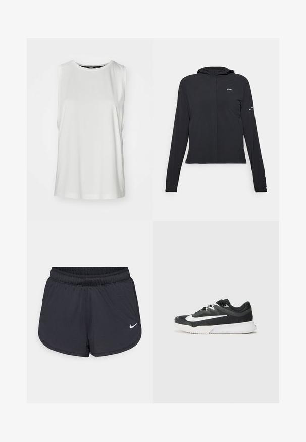 Černá kapucňová bunda s dlouhými rukávy, vyrobená z lehkého materiálu. Obsahuje přední zip, logo Nike a decentní designové akcenty.; Bílý bezramínkový top z hladkého materiálu, s kulatým výstřihem, volným střihem a čistým lemem. Bez viditelných vzorů nebo ozdob.; Černé atletické šortky s elastickým pasem, sportovním designem a bílým logem Nike na spodní přední straně. Texturovaná látka.; Černá sportovní bota s bílým logem, vrchní část z texturované tkaniny, zapínání na šňůrky, polstrovaný límec a kontrastní bílá podrážka s vzorovanou trakcí.