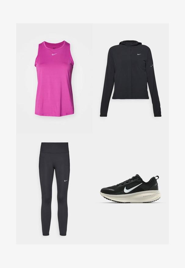 Mustassa hupparissa on pitkät hihat, ja se on valmistettu kevyestä materiaalista. Siinä on edessä vetoketju, Nike-logo ja hillityt muotoiluyksityiskohdat.; Nike Performance ONE CLASSIC TANK - Toppi - hot fuchsia/(black); Mustat leggingsit joustavasta kankaasta, joissa on korkea vyötärö ja valkoinen Nike-logo vasemmassa reidessä. Sileä pinta, muotoaan myötäilevä suunnittelu.; Mustat Nike-juoksukengät, joissa on hengittävä verkko-osa, valkoinen swoosh-logo, teksturoitu yksityiskohtaus ja kermaisen värinen ZoomX-välipohja.