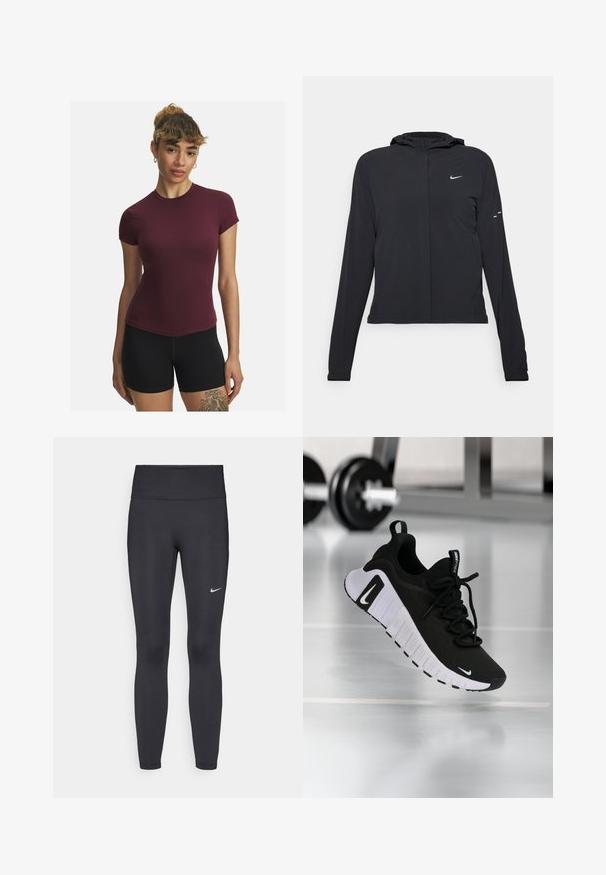 Black hooded jacket with long sleeves, made from lightweight material. Features a front zipper, a Nike logo, and subtle design accents.; Burgundy short-sleeve fitted top made of stretchy material, featuring a crew neckline and smooth texture, paired with black shorts.; Black leggings made of stretchy fabric, featuring a high waistband and a white Nike logo on the left thigh. Smooth texture, form-fitting design.; Black athletic shoe with a textured fabric upper, white sole, and prominent lacing system. Features a Nike logo and soft, cushioned design.