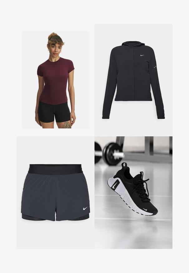 Black hooded jacket with long sleeves, made from lightweight material. Features a front zipper, a Nike logo, and subtle design accents.; Burgundy short-sleeve fitted top made of stretchy material, featuring a crew neckline and smooth texture, paired with black shorts.; Black athletic shorts with an elastic waistband, featuring a layered design and a small white Nike logo on the lower left. Lightweight material.; Black athletic shoe with a textured fabric upper, white sole, and prominent lacing system. Features a Nike logo and soft, cushioned design.