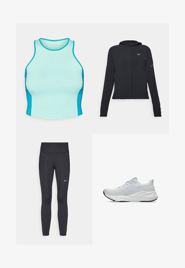 Chaqueta negra con capucha y mangas largas, hecha de un material ligero. Presenta un cierre frontal, un logo de Nike y acentos de diseño sutiles.; Un top deportivo ajustado en aqua claro con paneles laterales en aqua más oscuro. Hecho de una tela elástica con una textura suave y un escote redondo.; Leggings negras de tela elástica, con una cintura alta y un logo blanco de Nike en el muslo izquierdo. Textura suave, diseño ajustado.; Zapatillas deportivas blancas con una parte superior de malla transpirable, acentos en azul claro, cierre con cordones, detalle de logotipo en negrita y suela texturizada para mayor agarre.