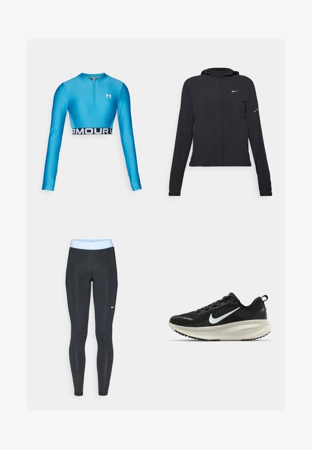 Giacca nera con cappuccio e maniche lunghe, realizzata in materiale leggero. Presenta una zip frontale, il logo Nike e accenti di design sottili.; Top a maniche lunghe corto blu chiaro con collo zip, caratterizzato da una cintura nera con il testo "ARMOUR" e realizzato in un materiale liscio e elastico.; Leggings sportivi neri con una cintura azzurra chiara che presenta il testo "NIKE PRO"; texture liscia e design aderente. Logo Nike bianco sul lato sinistro.; Scarpa da corsa nera Nike con tomaia in rete traspirante, logo Swoosh bianco, dettagli testurizzati e intersuola ZoomX di colore crema.