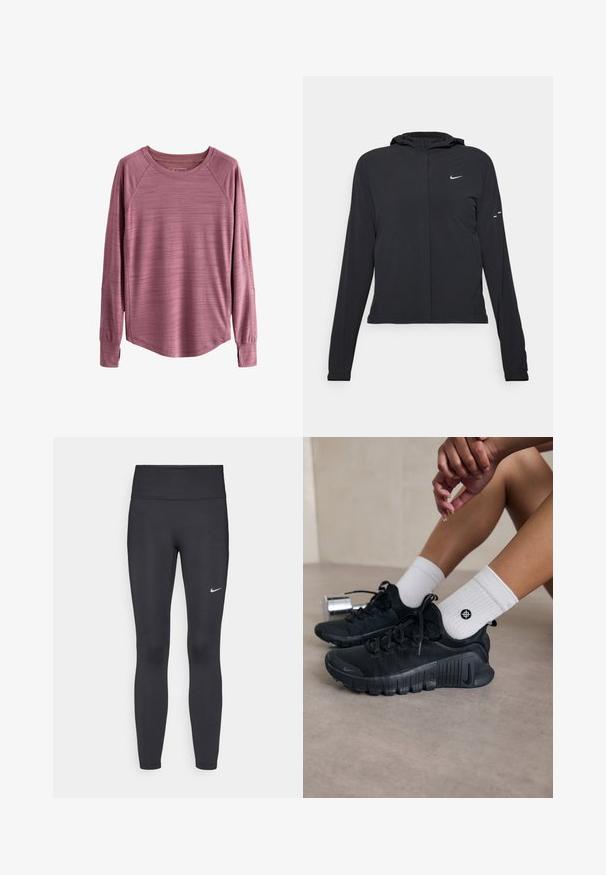 Melnā kapuci jaka ar garām piedurknēm, izgatavota no viegla materiāla. Tam ir priekšējais rāvējslēdzis, Nike logo un smalki dizaina akcenti.; Garais piedurknes tops vāji rozā krāsā, izgatavots no struktūrēta auduma arapaļām maliņām un raglanu piedurknēm. Iekļauj vieglu, elpojošu materiālu.; Melnas legingi, izgatavoti no elastīga auduma, ar augstu jostu un baltu Nike logotipu kreisajā augšstilbā. Gluda tekstūra, piegulošs dizains.; Melnas sporta kurpes ar teksturētu audumu, saistītu dizainu un izteiktu zoli, savienotas ar baltām ribotām zeķēm ar mazu logo.
