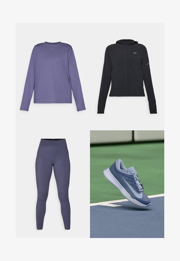 Fekete kapucnis dzseki hosszú ujjakkal, könnyű anyagból készült. Elülső cipzárral, Nike logóval és diszkrét dizájn elemekkel rendelkezik.; Hosszú ujjú, puha anyagból készült lila póló, lekerekített nyakkivágással és diszkrét logóval a mellkason. Egyszerű dizájn, laza szabás.; Magas derékú leggings egységes sötétszürke színben. Rugalmas anyagból készült, lapos varrásokkal és formázott, szűkített lábujj dizájnnal.; Könnyű kék és sötétkék sportrüszke, textúrált felsőrésszel, lapos fűzőkkel és könnyű fehér talppal. Emelt pozícióban egy pálya fölött.