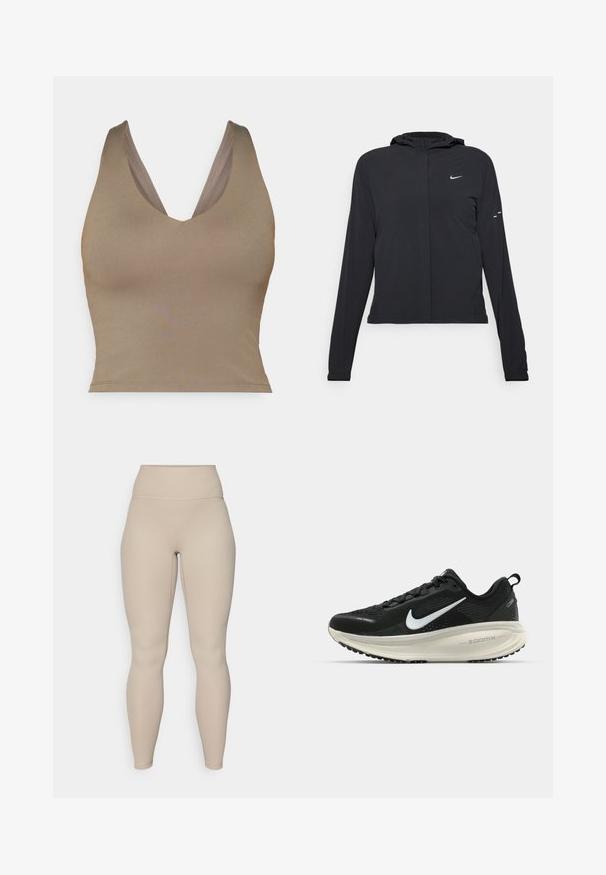 Sort hættetrøje med lange ærmer, lavet af letvægtsmateriale. Har en frontlynlås, et Nike-logo og subtile designaccenter.; Brun, ærmeløs top med dyb V-hals. Glat tekstur og tætsiddende pasform, med brede skulderstropper og lige kant.; Beige høj talje leggings med ribbet tekstur, der har en glat talje og tætsiddende ben, designet til komfort og fleksibilitet.; Sort Nike løbesko med åndbart mesh-overdel, hvidt swoosh-logo, tekstureret detaljering og en cremede ZoomX mellemsål.