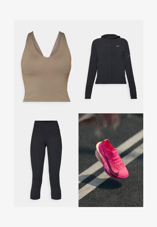 Jachetă neagră cu glugă, cu mâneci lungi, fabricată din material ușor. Dispune de un fermoar frontal, un logo Nike și accente de design subtile.; Top bej, fără mâneci, cu decolteu adânc în V. Textură netedă și formă ajustată, cu bretele late și un tiv drept.; Leggings negre scurte, fabricate dintr-un material elastic, având o talie înaltă și o textură netedă, fără modele sau accesorii vizibile.; Adidași din material tricotat roz aprins, cu suprafață texturată, partea superioară din plasă și o talpă intermediară albă. Prezintă un logo swoosh de culoare roz închis.
