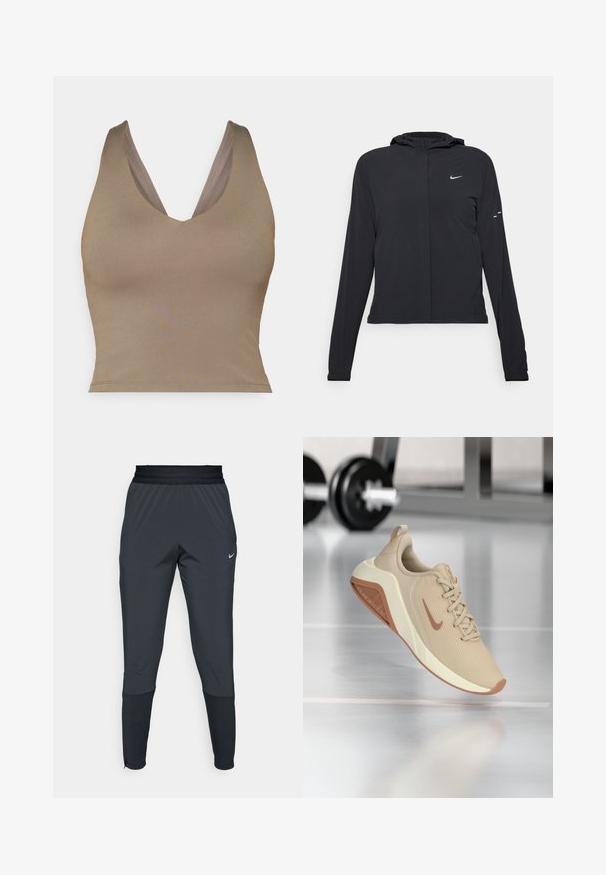Černá kapucňová bunda s dlouhými rukávy, vyrobená z lehkého materiálu. Obsahuje přední zip, logo Nike a decentní designové akcenty.; Hnědý bezrukávový top s hlubokým výstřihem do V. Hladký materiál a přiléhavý střih, s širokými ramínky a rovním lemem.; Nike sportovní kalhoty v tmavě šedé barvě, s tapered nohavicemi, elastickým pasem a akcentními detaily poblíž manžet.; Beige sportovní obuv s texturovaným síťovaným svrškem, světlou mezipodrážkou a kontrastní hnědou podrážkou, s decentním logem na boku.