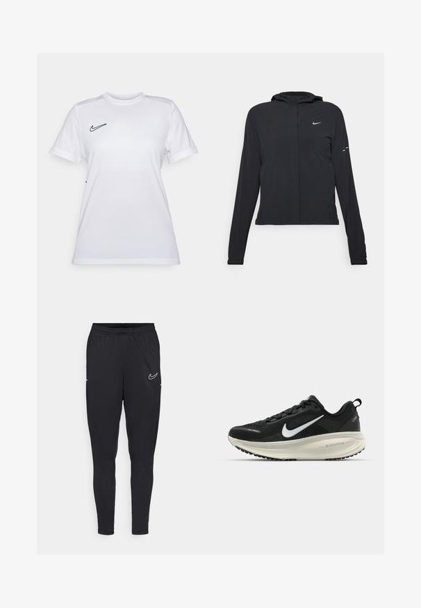 Must musta kapuutsiga jakk, millel on pikad varrukad ja mis on valmistatud kergetest materjalidest. Omab esitaskut, Nike logo ja kergelt silmatorkavaid disainiaktsente.; Valge Nike T-särk, millel on slim fit, ümmargune kaelus, lühikesed varrukad ja must logo vasakul rinnal; valmistatud kergest ja hingavast materjalist.; Mustad kergekaaluline kangas mustad spordipüksid, millel on elastne vöökoht, keha lähedane lõige ja valge Nike logo reie peal.; Musthave mustus Nike jooksujalats, millel on hingav võrgust ülemine osa, valge swoosh logo, tekstuuriga detailid ja kreemja värvusega ZoomX vahevöö.