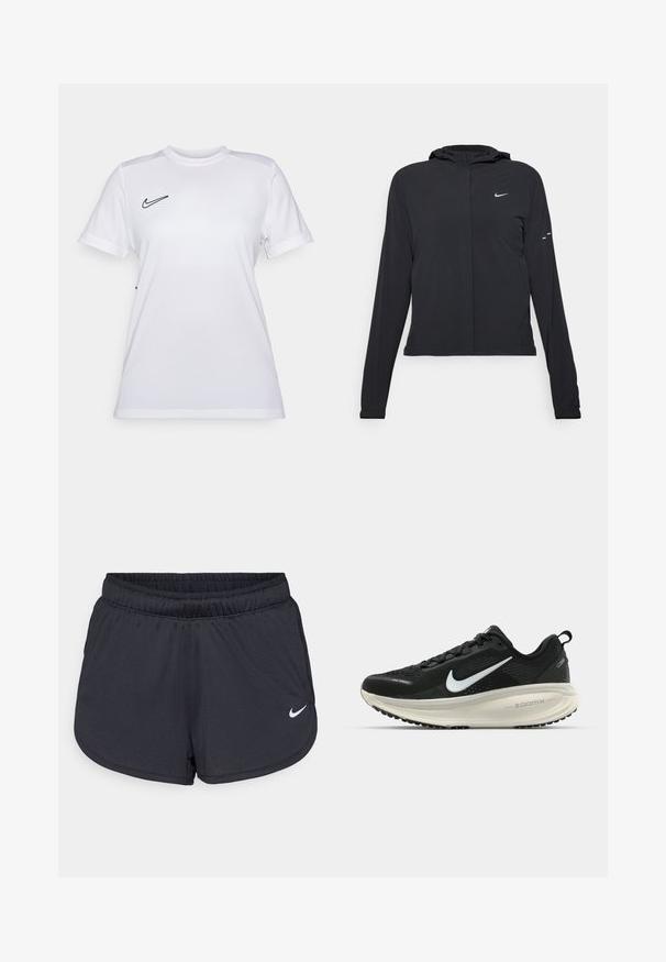 Must musta kapuutsiga jakk, millel on pikad varrukad ja mis on valmistatud kergetest materjalidest. Omab esitaskut, Nike logo ja kergelt silmatorkavaid disainiaktsente.; Valge Nike T-särk, millel on slim fit, ümmargune kaelus, lühikesed varrukad ja must logo vasakul rinnal; valmistatud kergest ja hingavast materjalist.; Mustad mustikud mustad lühikesed püksid, mis on valmistatud kerge ja hingava kangaga. Omab elastset vööd ja valget Nike logo alumises paremas nurgas.; Musthave mustus Nike jooksujalats, millel on hingav võrgust ülemine osa, valge swoosh logo, tekstuuriga detailid ja kreemja värvusega ZoomX vahevöö.