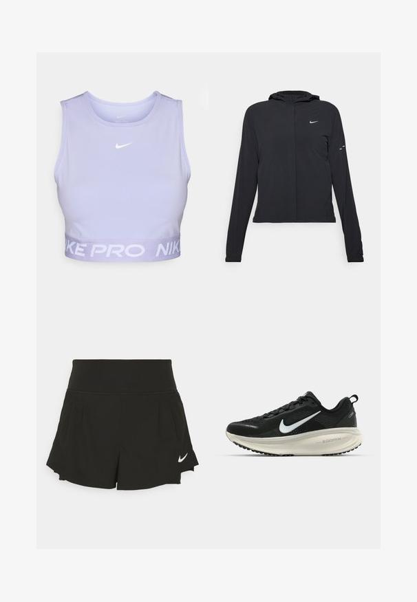 Giacca nera con cappuccio e maniche lunghe, realizzata in materiale leggero. Presenta una zip frontale, il logo Nike e accenti di design sottili.; Crop top Nike Pro di colore viola chiaro, design senza maniche, con un logo bianco sul petto e una fascia attorcigliata recante la scritta "NIKE PRO" in testo bianco.; Pantaloni sportivi neri con una vita alta, dettagli plissettati, orlo curvo e logo Nike bianco sul lato inferiore destro.; Scarpa da corsa nera Nike con tomaia in rete traspirante, logo Swoosh bianco, dettagli testurizzati e intersuola ZoomX di colore crema.