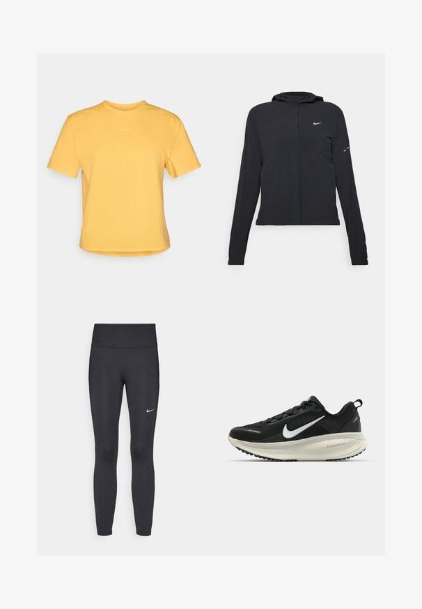 Sort hættetrøje med lange ærmer, lavet af letvægtsmateriale. Har en frontlynlås, et Nike-logo og subtile designaccenter.; Gul kortærmet T-shirt med rund hals, lavet af blødt stof. Har et diskret logo på brystet og en lige kant.; Sorte leggings lavet af strækbart stof, med en høj talje og et hvidt Nike-logo på venstre lår. Glat tekstur, tætsiddende design.; Sort Nike løbesko med åndbart mesh-overdel, hvidt swoosh-logo, tekstureret detaljering og en cremede ZoomX mellemsål.