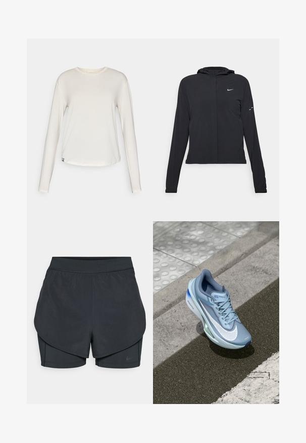 Juodas gobtuvas striukė su ilgomis rankovėmis, pagaminta iš lengvo audinio. Pasižymi priekiniais užtrauktukais, Nike logotipu ir subtiliais dizaino akcentais.; HOKA ESSENTIAL TEE - Ilgarankovis viršutinės dalies drabužis - eggnog; Juodi sportiniai šortai su sluoksniuota konstrukcija, turintys sklandų išorinį sluoksnį ir prigludusius vidinius šortus. Pagaminti iš lengvos, tamprios medžiagos.; Šviesiai mėlyna Nike Zoom Fly bėgimo batelio viršus pagamintas iš kvėpuojančio tinklo, turi išskirtinį baltą Swoosh logotipą ir žalius akcentus ant pado.