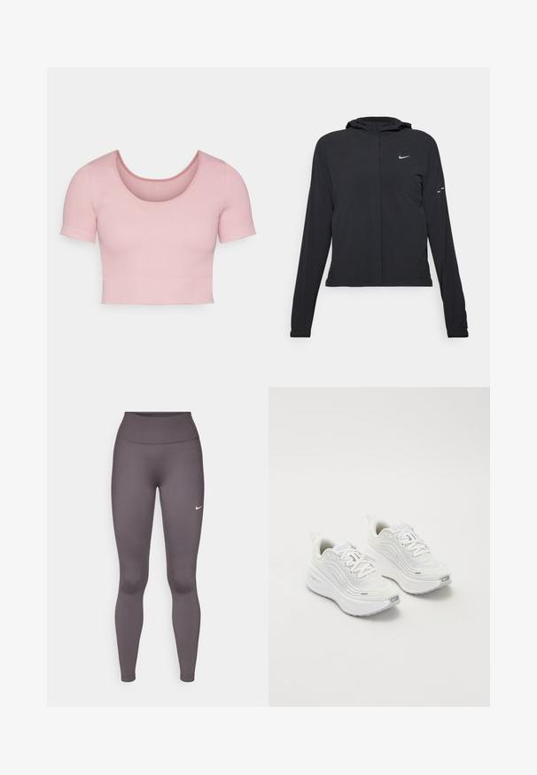 Crna jakna s kapuljačom i dugim rukavima, izrađena od laganog materijala. Ima prednji patentni zatvarač, Nike logo i suptilne dizajnerske detalje.; Roze rebrasti kratki top s kratkim rukavima sa zaobljenim izrezom i prijanjajući siluetom. Glatka tekstura s čistim i jednostavnim dizajnom.; Sive helanke od rastezljivog materijala, s visokim pojasom, glatke teksture i malim bijelim logotipom na lijevom bedrima.; Bijele sportske tenisice s teksturiranim mrežastim gornjim dijelom, podstavljenom potplatom i suptilnim sivim naglascima. Uključuju brendiranje i petlju na peti za lakše obuvanje.