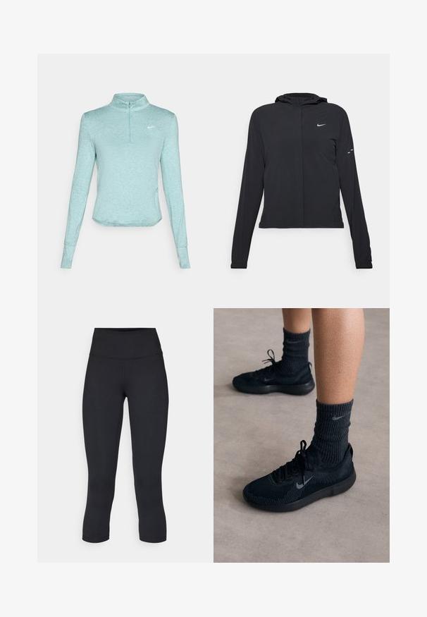 Černá kapucňová bunda s dlouhými rukávy, vyrobená z lehkého materiálu. Obsahuje přední zip, logo Nike a decentní designové akcenty.; Světle modré sportovní tričko s dlouhým rukávem a límcem na půl zip, vyrobené z texturované tkaniny a s malou bílou logem na hrudi.; Černé zkrácené legíny vyrobené z pružné látky, s vysokým pasem a hladkou texturou, bez viditelných vzorů nebo kovových prvků.; Černé tenisky Nike s texturovaným pleteným svrškem, s šedým logem swoosh, doplněné tmavými žebrovanými ponožkami. Ploché gumové podrážky.