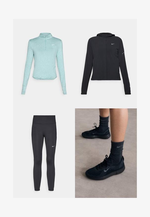 Giacca nera con cappuccio e maniche lunghe, realizzata in materiale leggero. Presenta una zip frontale, il logo Nike e accenti di design sottili.; Maglietta sportiva azzurro chiaro a maniche lunghe con colletto a mezza zip, realizzata in tessuto testurizzato e con un piccolo logo bianco sul petto.; Leggings neri realizzati in tessuto elasticizzato, con una vita alta e un logo Nike bianco sulla coscia sinistra. Tessuto liscio, design aderente.; Sneakers neri Nike con tomaia in maglia testurizzata, caratterizzati da un logo swoosh grigio, abbinati a calze scure a coste. Suola in gomma piatta.
