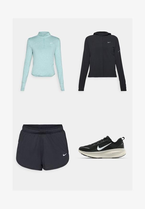 Czarna kurtka z kapturem, z długimi rękawami, wykonana z lekkiego materiału. Posiada zamek błyskawiczny z przodu, logo Nike oraz subtelne akcenty wzornicze.; Jasnoniebieska, długi rękaw, sportowa bluzka z kołnierzem na zamek błyskawiczny, wykonana z teksturowanej tkaniny, z małym białym logo na piersi.; Czarne szorty sportowe wykonane z lekkiego, oddychającego materiału. Posiadają elastyczny pas i biały logo Nike na dolnym prawym boku.; Czarna biegowa półbut z oddychającej siateczki, białym logo swoosh, teksturowanymi detalami oraz kremową podeszwą środkową ZoomX.