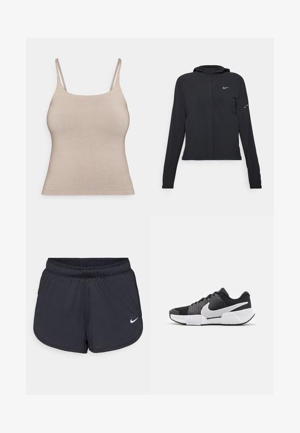 Crna jakna s kapuljačom i dugim rukavima, izrađena od laganog materijala. Ima prednji patentni zatvarač, Nike logo i suptilne dizajnerske detalje.; Bež majica na bretele s uskim trakama, izrađena od glatkog, rastezljivog materijala. Dizajn sadrži zaobljen izrez i bez vidljivih metalnih dijelova.; Crne atletske kratke hlače napravljene od laganog, prozračnog materijala. Imaju elastičnu traku u struku i bijeli Nike logo na donjoj desnoj strani.; Crne i bijele atletske tenisice s teksturiranim gornjištem, istaknutim Nike logom te kontrastnim dizajnom potplata za poboljšano prianjanje i stabilnost.