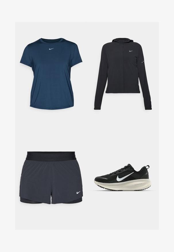Czarna kurtka z kapturem, z długimi rękawami, wykonana z lekkiego materiału. Posiada zamek błyskawiczny z przodu, logo Nike oraz subtelne akcenty wzornicze.; Nike Performance ONE CLASSIC niebieski; Czarne szorty sportowe z elastycznym pasem, o warstwowej konstrukcji i małym białym logo Nike na dolnym lewym boku. Wykonane z lekkiego materiału.; Czarna biegowa półbut z oddychającej siateczki, białym logo swoosh, teksturowanymi detalami oraz kremową podeszwą środkową ZoomX.