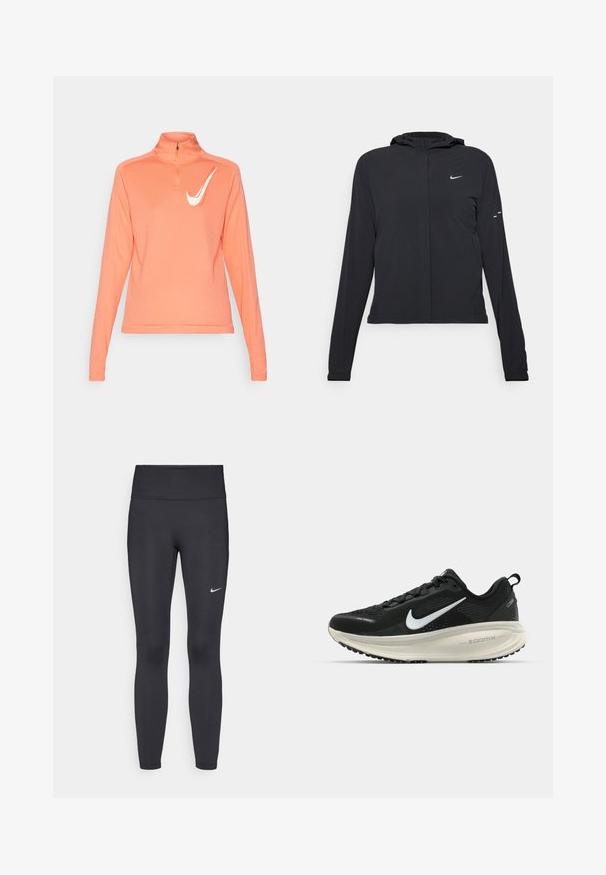 Casaco preto com capuz e mangas longas, feito de material leve. Apresenta um fecho dourado na frente, um logótipo da Nike e detalhes de design subtis.; Camisola de manga longa com fecho, em coral claro, com colar alto, tecido suave e o logótipo branco da Nike em forma de swoosh no lado esquerdo do peito.; Leggings pretos feitos de tecido elástico, com uma cintura alta e um logo branco da Nike na coxa esquerda. Textura suave, design ajustado ao corpo.; Sapatilha de corrida Nike preta com parte superior de malha respirável, logotipo Swoosh branco, detalhes texturizados e uma entressola ZoomX na cor creme.
