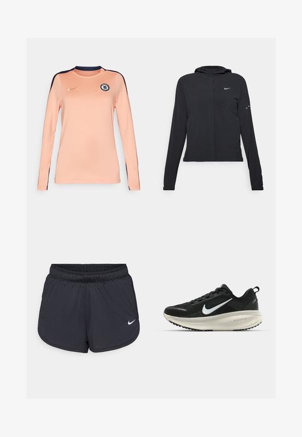 Jachetă neagră cu glugă, cu mâneci lungi, fabricată din material ușor. Dispune de un fermoar frontal, un logo Nike și accente de design subtile.; Tricou cu mâneci lungi în piersică deschisă, cu accente bleumarin, având un guler rotund, logo-ul Nike și insigna Chelsea FC pe piept.; Pantaloni scurți atletici negri cu talie elastică, cu un design sportiv și logo-ul alb Nike pe partea frontală inferioară. Material texturat.; Pantofii de alergare negri de la Nike, cu parte superioară din plasă respirabilă, logo-ul alb Swoosh, detalii texturate și o talpă intermediară ZoomX de culoare crem.