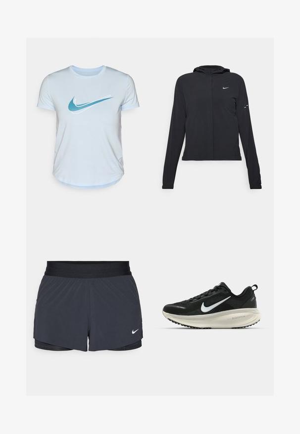 Svart hettegenser med lange ermer, laget av lett materiale. Har glidelås foran, Nike-logo og subtile design detaljer.; Lys blå Nike t-skjorte med korte ermer, rund hals og buet kant, med en stilisert hvit og teal swoosh-logo foran.; Sorte treningshorts med elastisk midjebånd, med lagdelt design og liten hvit Nike-logo på nederste venstre side. Lett materiale.; Svart Nike løpesko med pustende mesh-overdel, hvit swoosh-logo, teksturert detaljer og en kremfarget ZoomX mellomsåle.