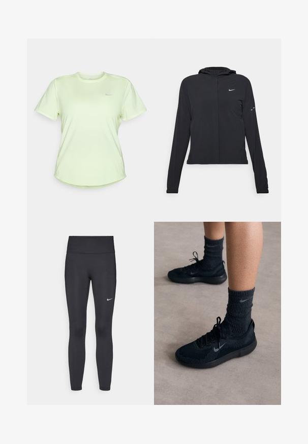 Veste à capuche noire avec des manches longues, fabriquée en matériau léger. Elle comporte une fermeture éclair à l'avant, un logo Nike et des accents de design subtils.; T-shirt de sport vert clair en tissu doux et respirant. Il présente un col rond, des manches courtes et un petit logo argenté sur la poitrine.; Leggings noirs en tissu extensible, dotés d'une taille haute et d'un logo Nike blanc sur la cuisse gauche. Texture lisse, design ajusté.; Baskets Nike noires avec un dessus en tricot texturé, présentant un logo swoosh gris, accompagnées de chaussettes côtelées foncées. Semelle en caoutchouc plate.