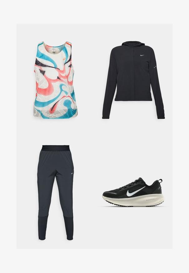 Black hooded jacket with long sleeves, made from lightweight material. Features a front zipper, a Nike logo, and subtle design accents.; Sleeveless athletic tank top made of breathable mesh fabric. Features abstract patterns in pink, blue, and black against a white background.; Nike athletic pants in dark gray, featuring a tapered leg design, elastic waistband, and accent details near the cuffs.; Black Nike running shoe with breathable mesh upper, white swoosh logo, textured detailing, and a cream-colored ZoomX midsole.