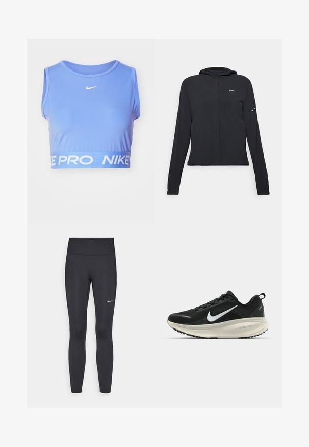 Sort hættetrøje med lange ærmer, lavet af letvægtsmateriale. Har en frontlynlås, et Nike-logo og subtile designaccenter.; Blå atletisk crop top lavet af glat stof, med rund halsudskæring og et hvidt mærket elastikbånd i bunden med "NIKE PRO."; Sorte leggings lavet af strækbart stof, med en høj talje og et hvidt Nike-logo på venstre lår. Glat tekstur, tætsiddende design.; Sort Nike løbesko med åndbart mesh-overdel, hvidt swoosh-logo, tekstureret detaljering og en cremede ZoomX mellemsål.