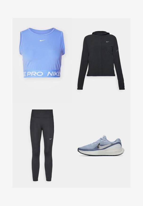 Melnā kapuci jaka ar garām piedurknēm, izgatavota no viegla materiāla. Tam ir priekšējais rāvējslēdzis, Nike logo un smalki dizaina akcenti.; Zils sportiska kropla tops, izgatavots no gludas auduma, ar apaļu apkakli un baltu ar zīmolu marķētu elastīgo joslu apakšā ar uzrakstu "NIKE PRO".; Melnas legingi, izgatavoti no elastīga auduma, ar augstu jostu un baltu Nike logotipu kreisajā augšstilbā. Gluda tekstūra, piegulošs dizains.; Gaiši zila un balta Nike skrienošā apavi ar sudraba Swoosh logotipu, elpojošs sietiņaudums augšdaļā, mīksta zole un melna ārējā zole.