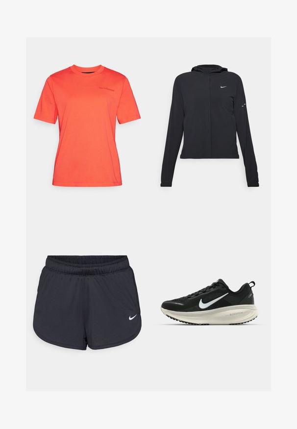 Jachetă neagră cu glugă, cu mâneci lungi, fabricată din material ușor. Dispune de un fermoar frontal, un logo Nike și accente de design subtile.; Tricou scurt din bumbac, de culoare corai, cu mânecă scurtă. Guler rotund cu detalii ale logo-ului pe piept. Textură netedă și croială normală.; Pantaloni scurți atletici negri, confecționați dintr-un material ușor și respirabil. Prezintă un brâu elastic și logo-ul alb Nike în colțul din dreapta jos.; Pantofii de alergare negri de la Nike, cu parte superioară din plasă respirabilă, logo-ul alb Swoosh, detalii texturate și o talpă intermediară ZoomX de culoare crem.