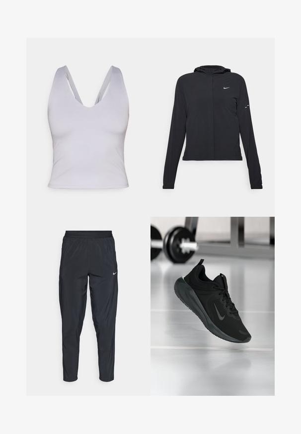 Sort hættetrøje med lange ærmer, lavet af letvægtsmateriale. Har en frontlynlås, et Nike-logo og subtile designaccenter.; Lys grå ærmeløs crop top med en dyb V-udskæring, lavet af glat stof, med brede stropper og en fitted design.; Sorte træningsbukser med elastisk talje, tapered ben og et lille hvidt logo på venstre lår. Let, glat stof.; Sort sportsko med Nike-logo, vist midt i luften på et gymgulv, med en sløret vægtstang i baggrunden.