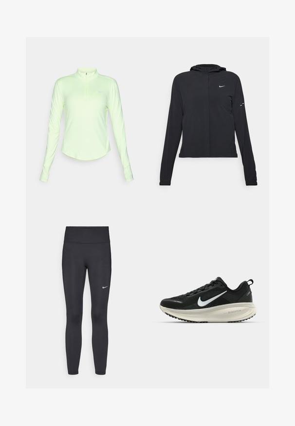Casaco preto com capuz e mangas longas, feito de material leve. Apresenta um fecho dourado na frente, um logótipo da Nike e detalhes de design subtis.; Camisola atlética de manga longa, verde claro, com colarinho simulado e meia zip. Possui uma textura suave e detalhes refletivos.; Leggings pretos feitos de tecido elástico, com uma cintura alta e um logo branco da Nike na coxa esquerda. Textura suave, design ajustado ao corpo.; Sapatilha de corrida Nike preta com parte superior de malha respirável, logotipo Swoosh branco, detalhes texturizados e uma entressola ZoomX na cor creme.